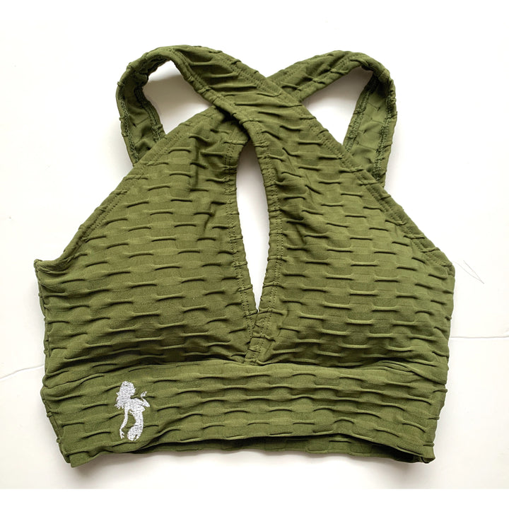 NEW *The Shoulder Cross Over Sports Bra- Brazilian Crunch fabric